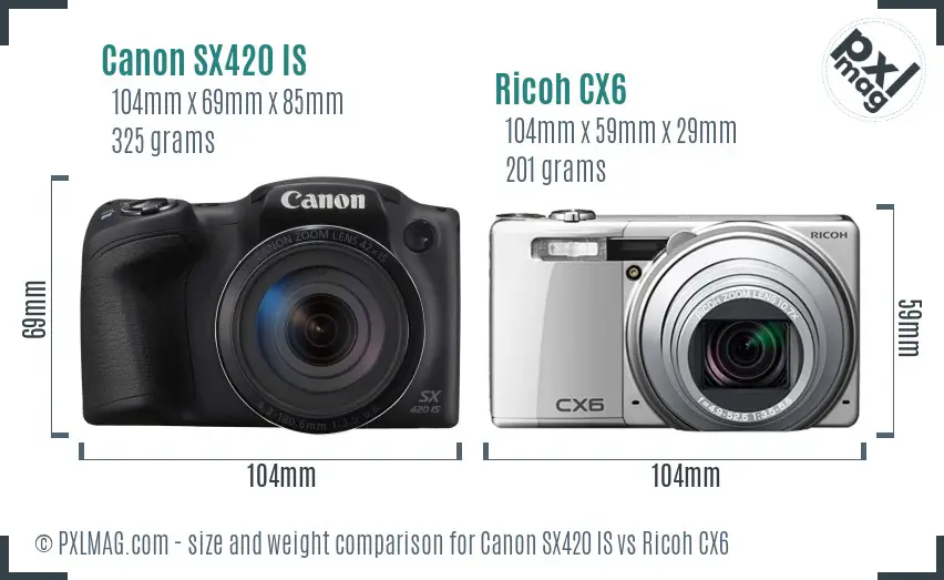 Canon SX420 IS vs Ricoh CX6 size comparison