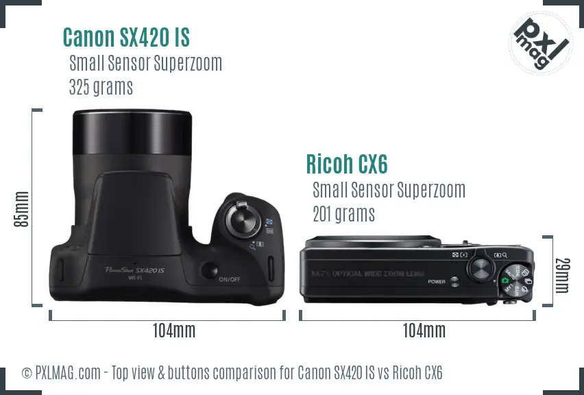 Canon SX420 IS vs Ricoh CX6 top view buttons comparison