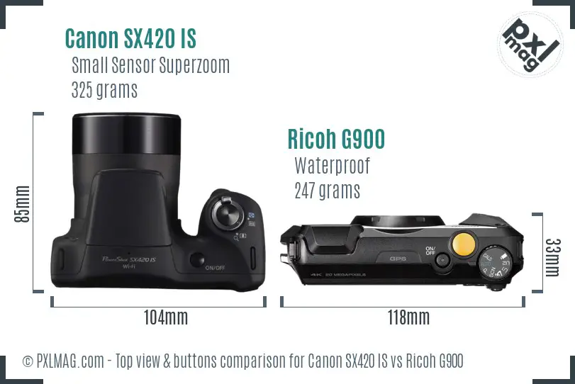 Canon SX420 IS vs Ricoh G900 top view buttons comparison