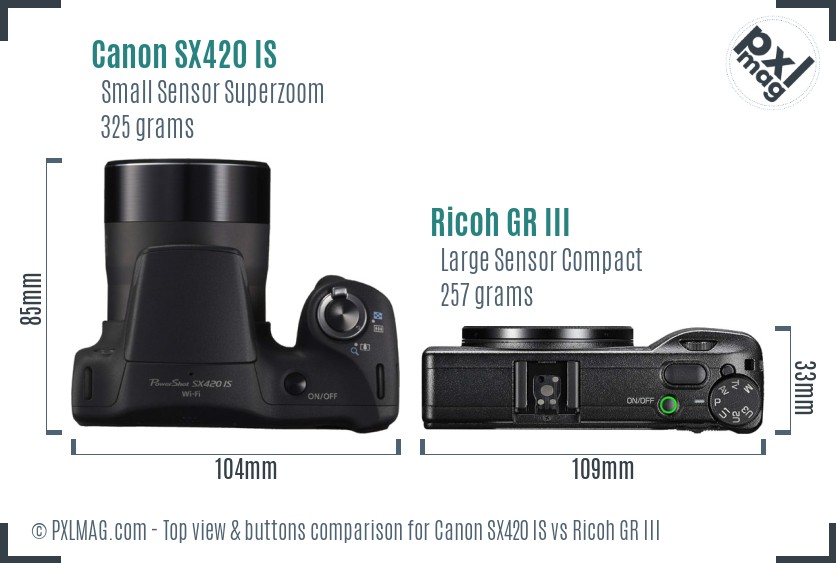 Canon SX420 IS vs Ricoh GR III top view buttons comparison