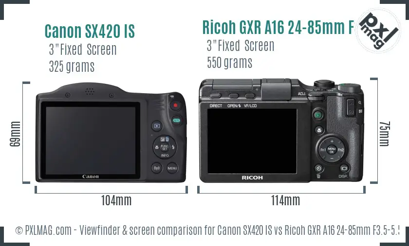Canon SX420 IS vs Ricoh GXR A16 24-85mm F3.5-5.5 Screen and Viewfinder comparison