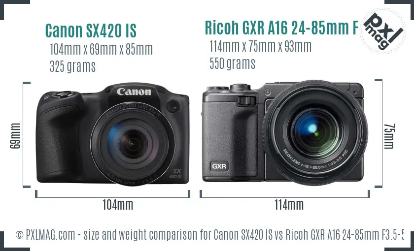 Canon SX420 IS vs Ricoh GXR A16 24-85mm F3.5-5.5 size comparison