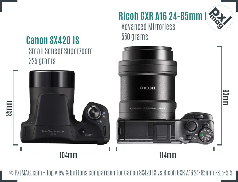 Canon SX420 IS vs Ricoh GXR A16 24-85mm F3.5-5.5 top view buttons comparison