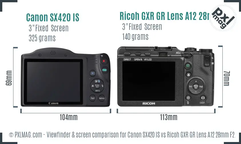 Canon SX420 IS vs Ricoh GXR GR Lens A12 28mm F2.5 Screen and Viewfinder comparison