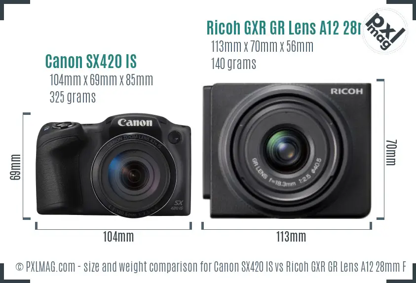 Canon SX420 IS vs Ricoh GXR GR Lens A12 28mm F2.5 size comparison