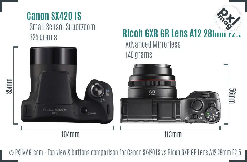 Canon SX420 IS vs Ricoh GXR GR Lens A12 28mm F2.5 top view buttons comparison