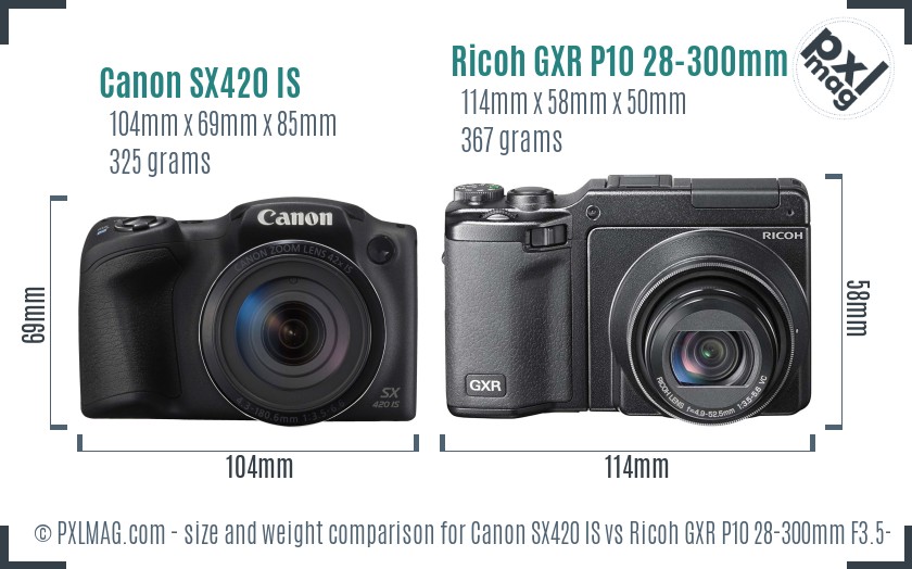 Canon SX420 IS vs Ricoh GXR P10 28-300mm F3.5-5.6 VC size comparison