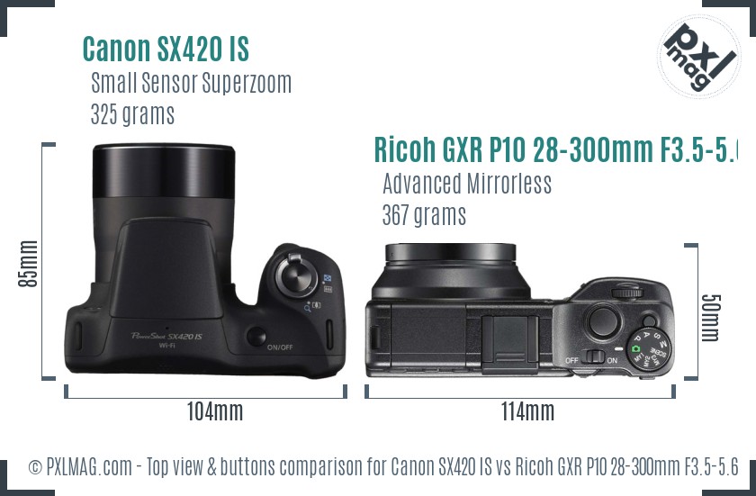 Canon SX420 IS vs Ricoh GXR P10 28-300mm F3.5-5.6 VC top view buttons comparison