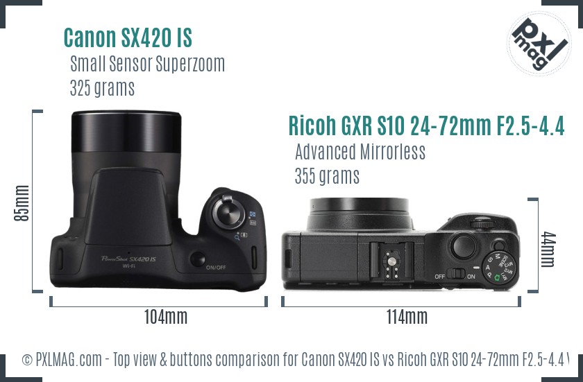 Canon SX420 IS vs Ricoh GXR S10 24-72mm F2.5-4.4 VC top view buttons comparison