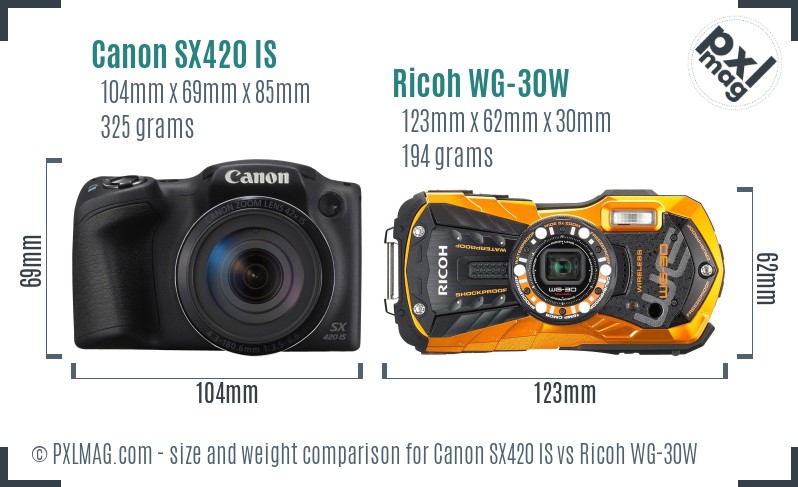 Canon SX420 IS vs Ricoh WG-30W size comparison