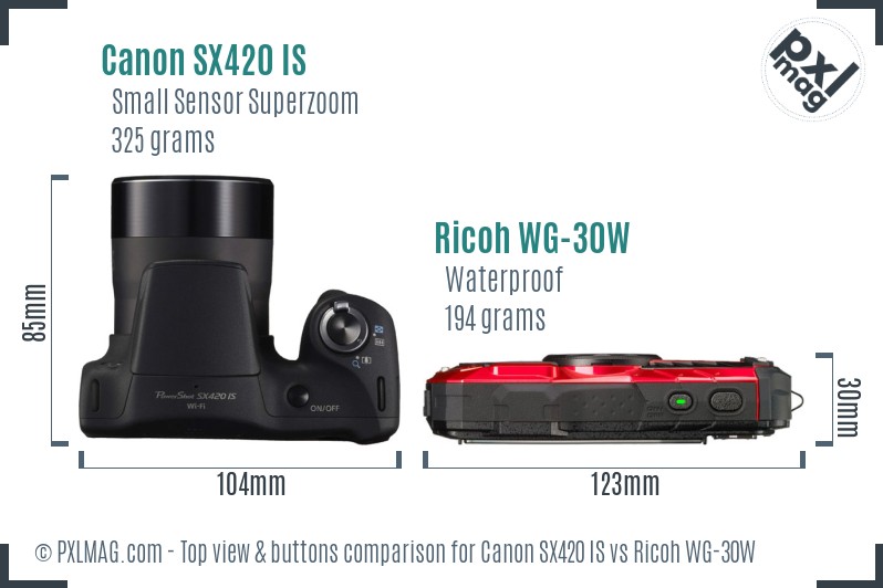 Canon SX420 IS vs Ricoh WG-30W top view buttons comparison