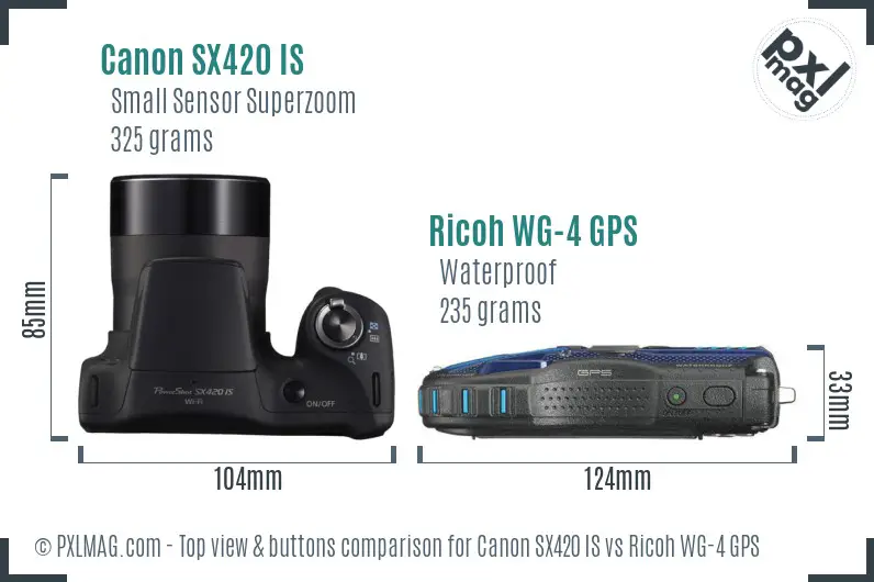 Canon SX420 IS vs Ricoh WG-4 GPS top view buttons comparison