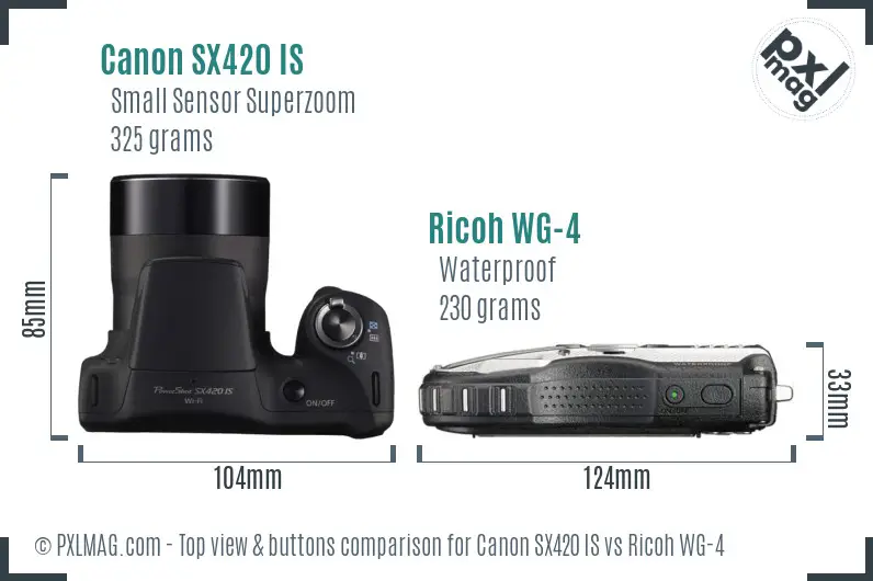 Canon SX420 IS vs Ricoh WG-4 top view buttons comparison Canon SX420 IS vs Ricoh WG-4 top view buttons comparison