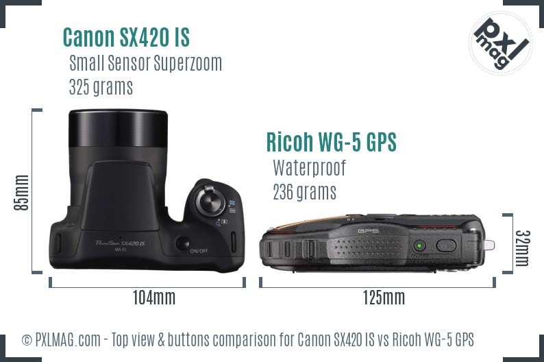Canon SX420 IS vs Ricoh WG-5 GPS top view buttons comparison