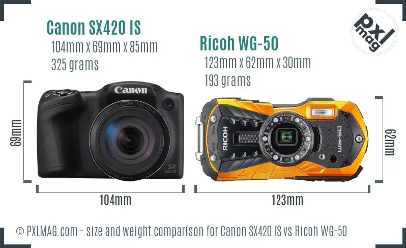 Canon SX420 IS vs Ricoh WG-50 size comparison