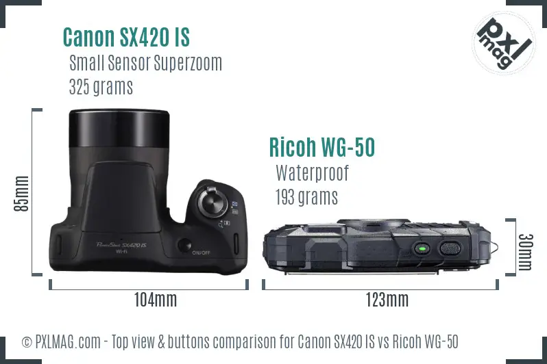 Canon SX420 IS vs Ricoh WG-50 top view buttons comparison