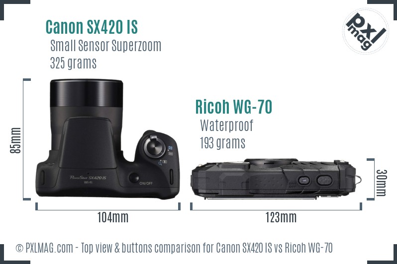 Canon SX420 IS vs Ricoh WG-70 top view buttons comparison