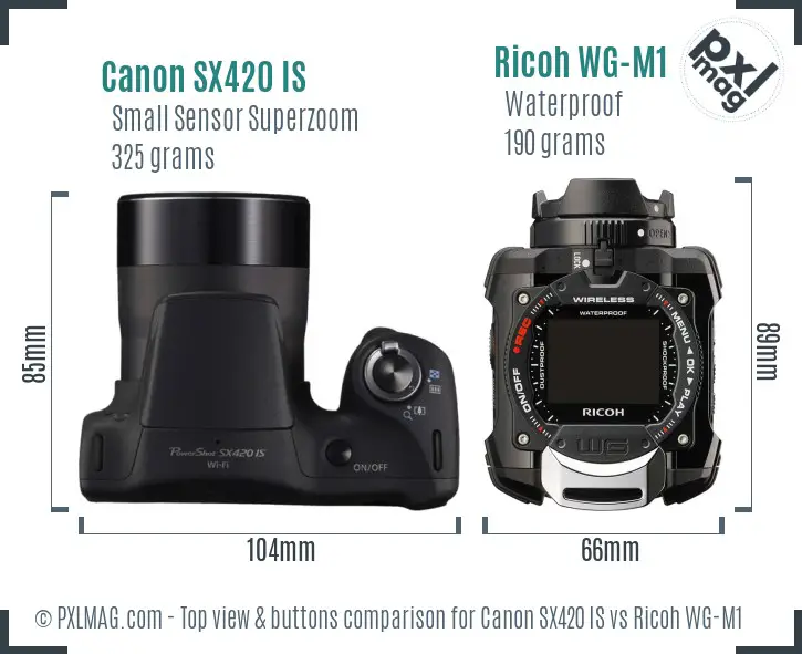 Canon SX420 IS vs Ricoh WG-M1 top view buttons comparison Canon SX420 IS vs Ricoh WG-M1 top view buttons comparison