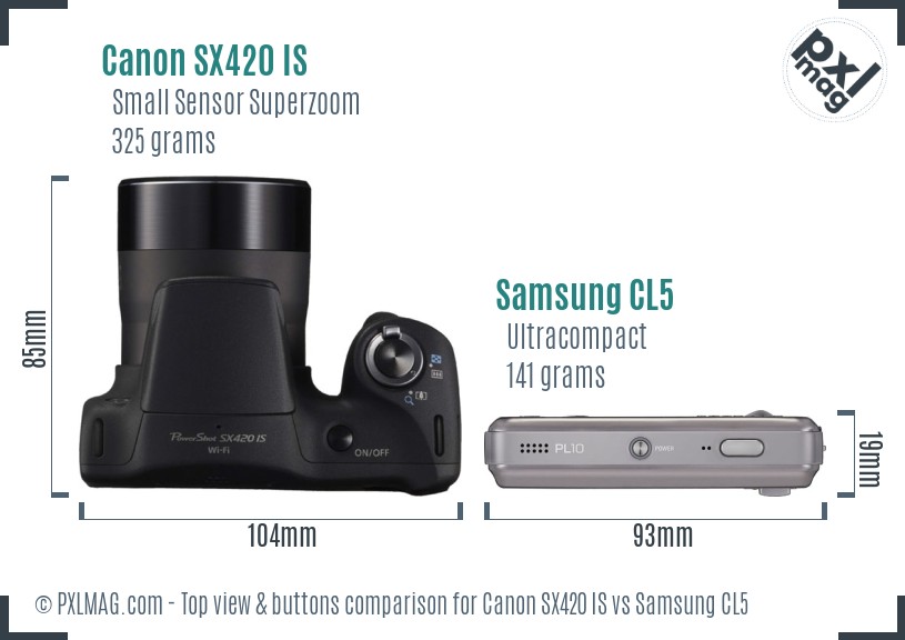 Canon SX420 IS vs Samsung CL5 top view buttons comparison