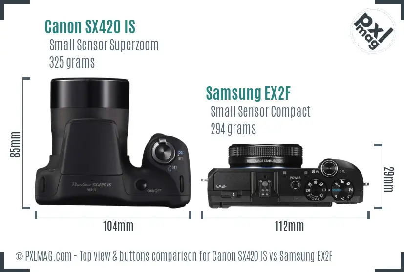 Canon SX420 IS vs Samsung EX2F top view buttons comparison Canon SX420 IS vs Samsung EX2F top view buttons comparison