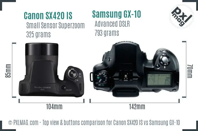 Canon SX420 IS vs Samsung GX-10 top view buttons comparison