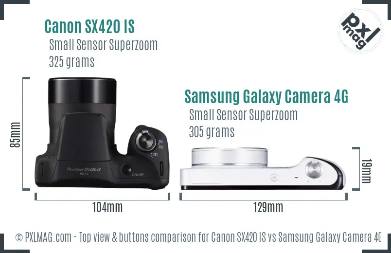 Canon SX420 IS vs Samsung Galaxy Camera 4G top view buttons comparison