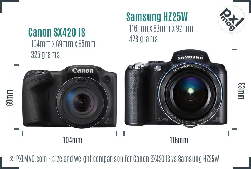 Canon SX420 IS vs Samsung HZ25W size comparison