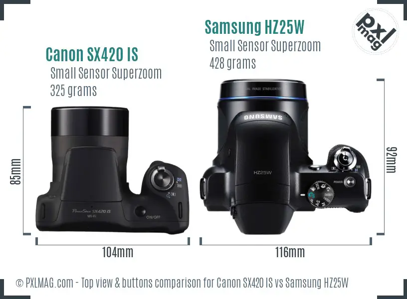 Canon SX420 IS vs Samsung HZ25W top view buttons comparison