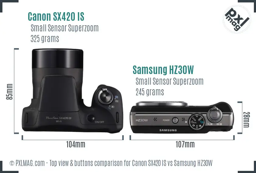 Canon SX420 IS vs Samsung HZ30W top view buttons comparison
