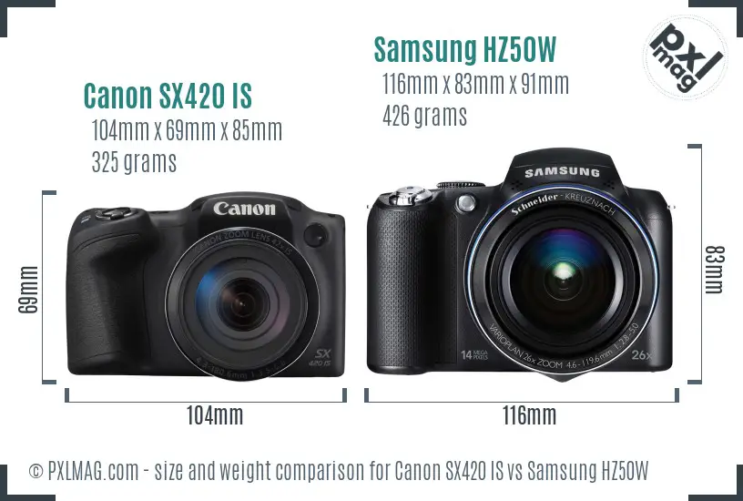 Canon SX420 IS vs Samsung HZ50W size comparison
