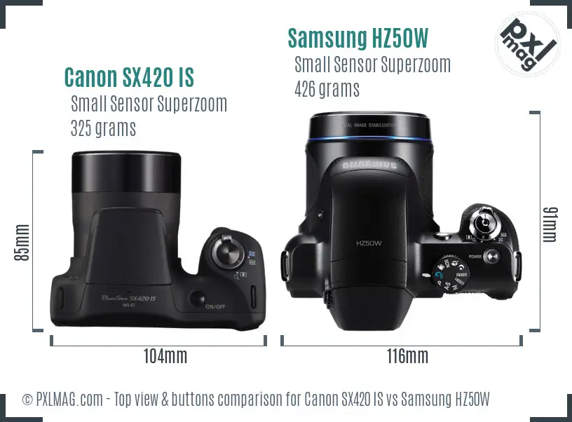 Canon SX420 IS vs Samsung HZ50W top view buttons comparison