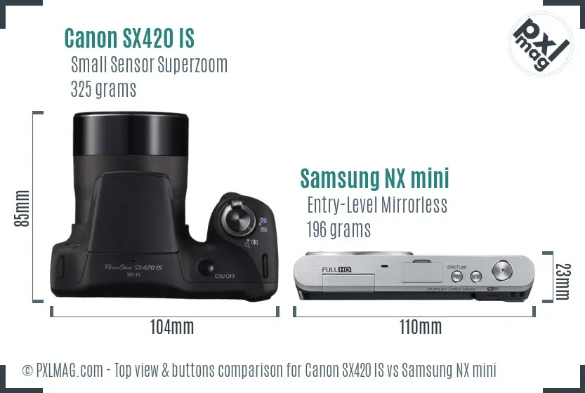 Canon SX420 IS vs Samsung NX mini top view buttons comparison Canon SX420 IS vs Samsung NX mini top view buttons comparison