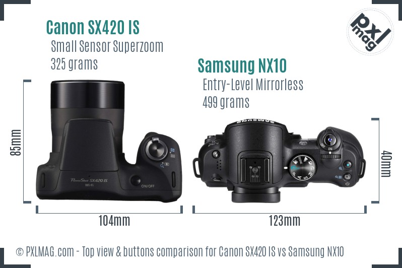 Canon SX420 IS vs Samsung NX10 top view buttons comparison