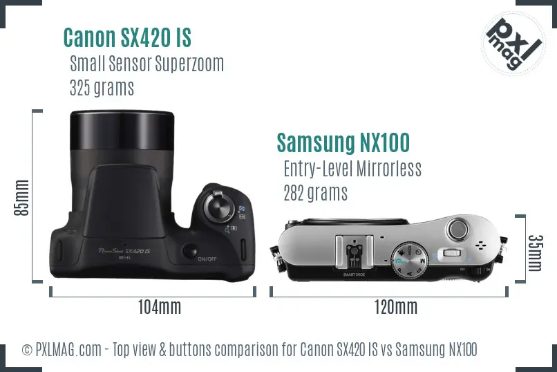 Canon SX420 IS vs Samsung NX100 top view buttons comparison