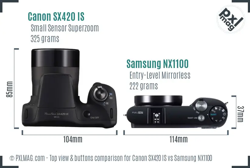 Canon SX420 IS vs Samsung NX1100 top view buttons comparison