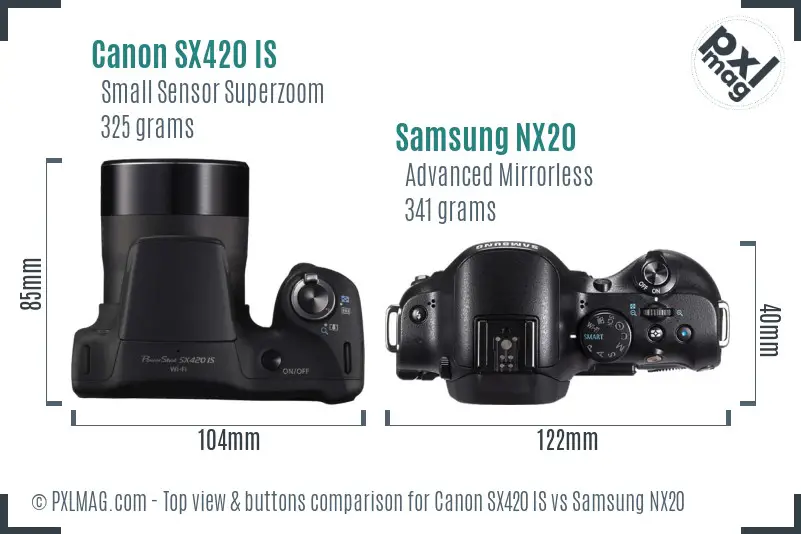 Canon SX420 IS vs Samsung NX20 top view buttons comparison