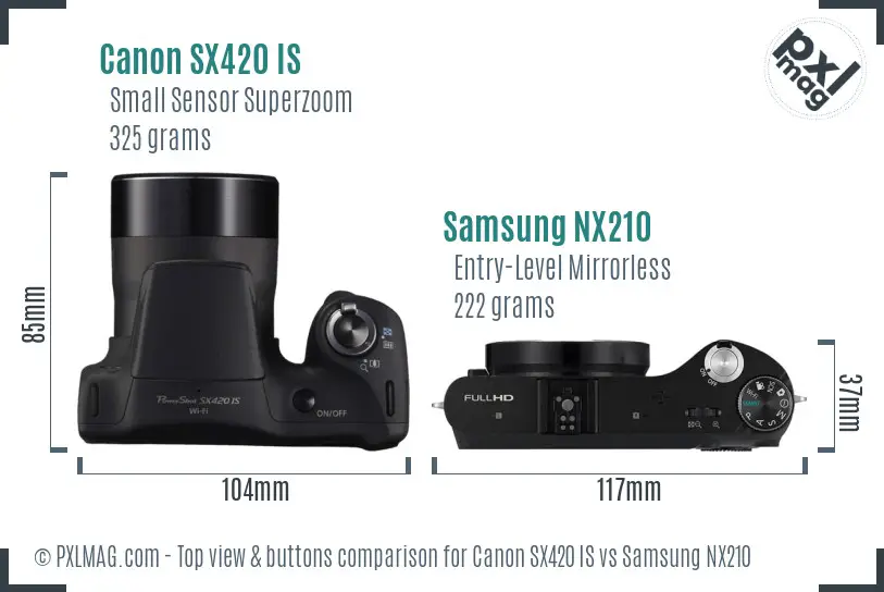 Canon SX420 IS vs Samsung NX210 top view buttons comparison