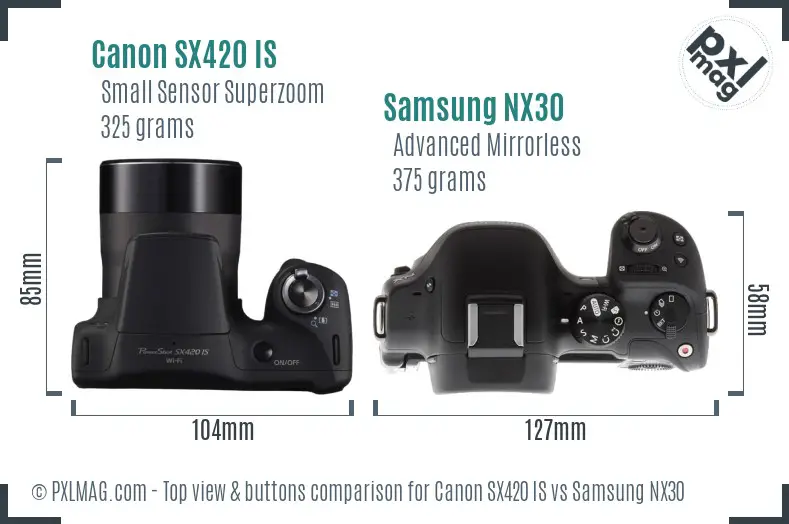 Canon SX420 IS vs Samsung NX30 top view buttons comparison