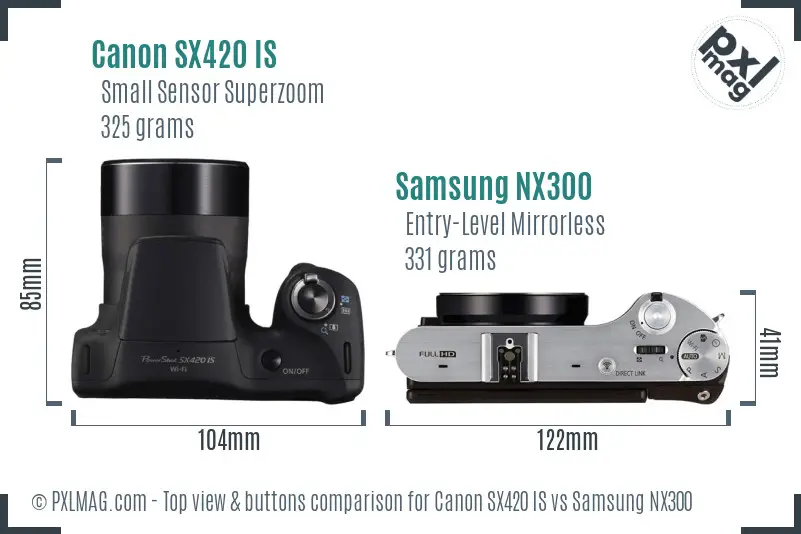 Canon SX420 IS vs Samsung NX300 top view buttons comparison