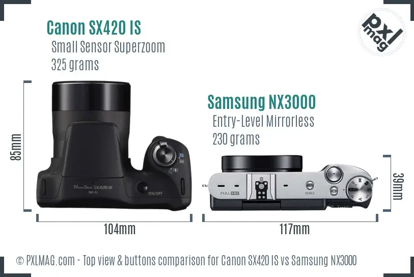 Canon SX420 IS vs Samsung NX3000 top view buttons comparison