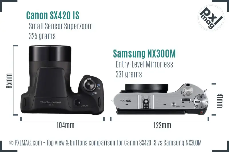 Canon SX420 IS vs Samsung NX300M top view buttons comparison