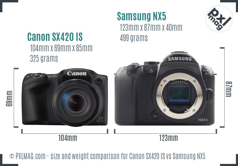 Canon SX420 IS vs Samsung NX5 size comparison