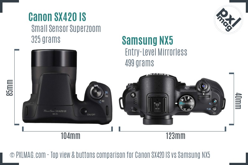 Canon SX420 IS vs Samsung NX5 top view buttons comparison
