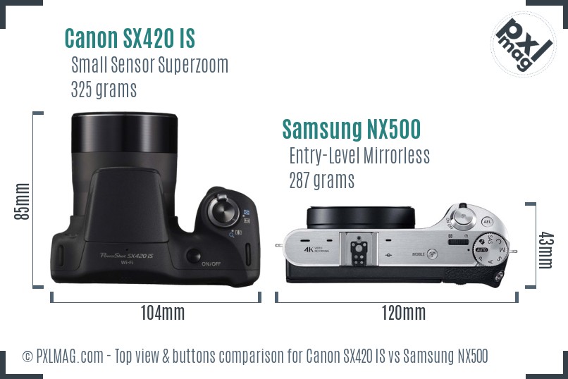 Canon SX420 IS vs Samsung NX500 top view buttons comparison