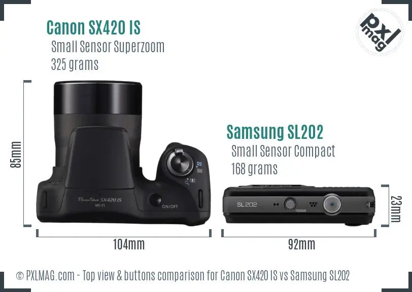 Canon SX420 IS vs Samsung SL202 top view buttons comparison