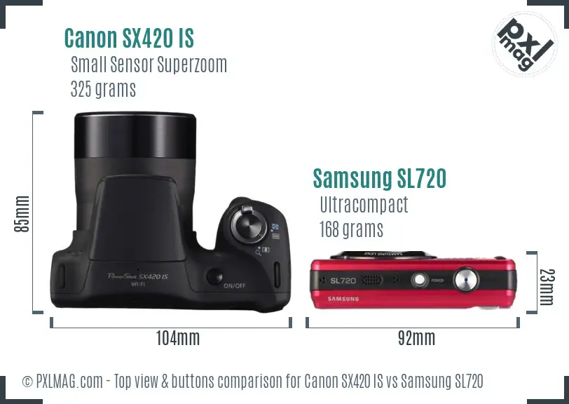 Canon SX420 IS vs Samsung SL720 top view buttons comparison