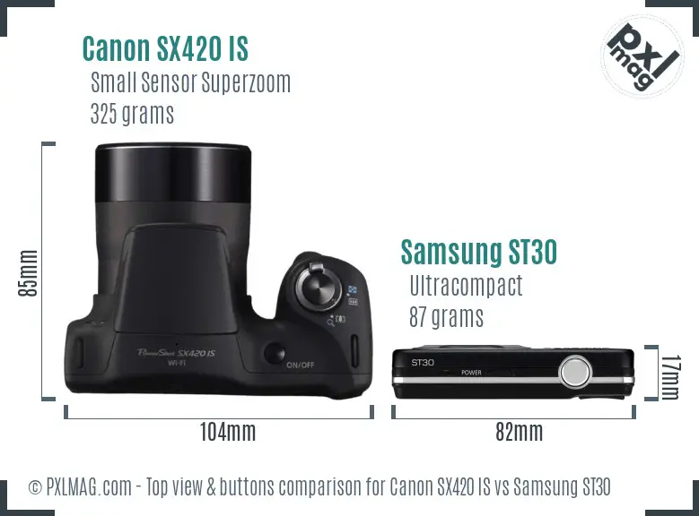 Canon SX420 IS vs Samsung ST30 top view buttons comparison