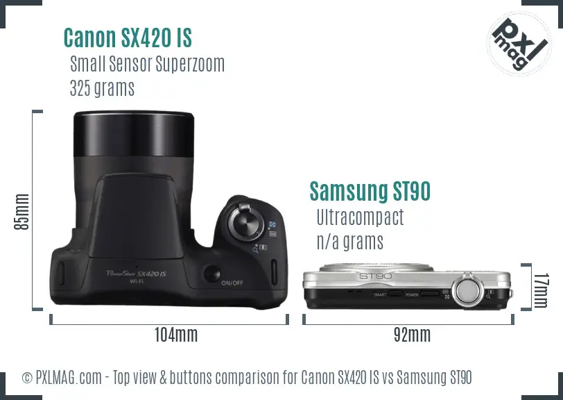 Canon SX420 IS vs Samsung ST90 top view buttons comparison