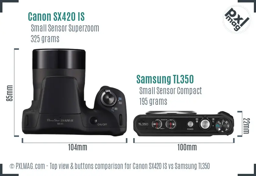 Canon SX420 IS vs Samsung TL350 top view buttons comparison