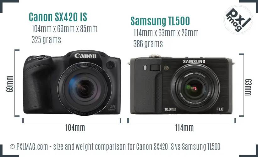 Canon SX420 IS vs Samsung TL500 size comparison